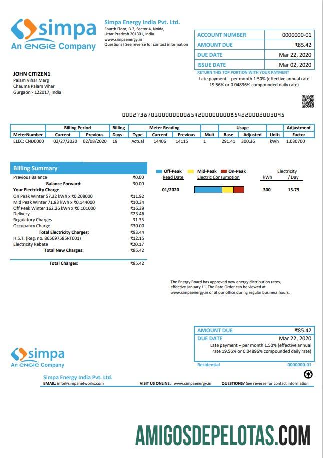 Índia Simpa Energy India Unip. Conta de serviços públicos Ltd amostra